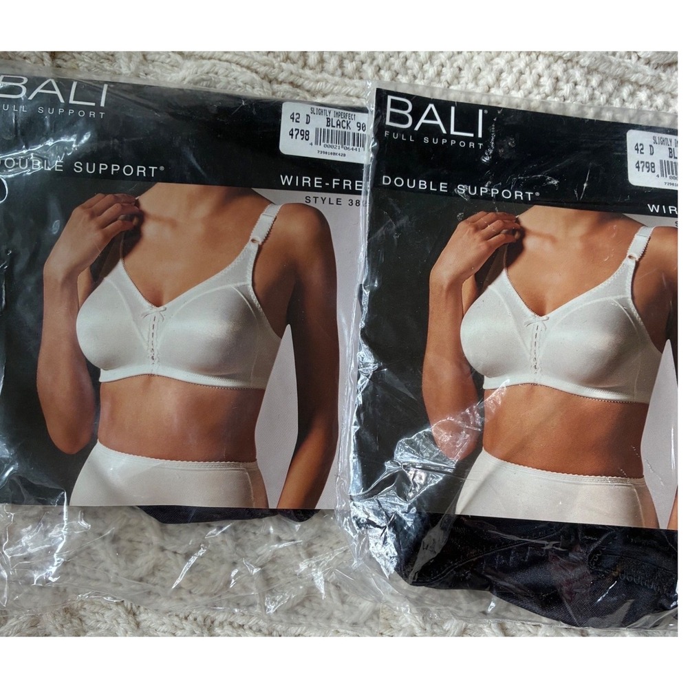 Bali Double Support Bra Womens 42D Black 2-Pack Wire-Free Satin Style 3820 NEW